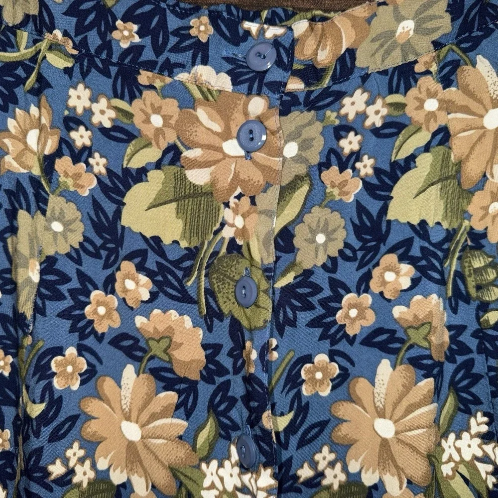 Vintage Sag Harbor Petite Midi Skirt Large Navy Blue Floral Button Front Rayon